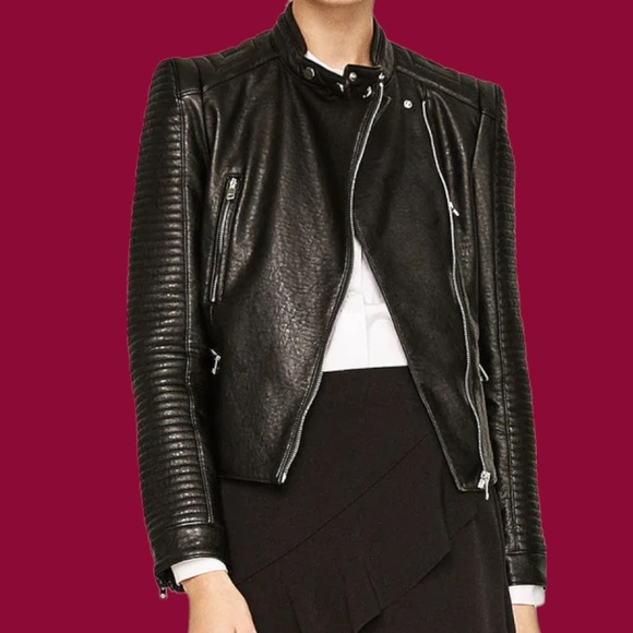 Zara Leather Moto Biker Jacket Leatherette Modern Punk Contemporary Jacket Vegan - Picture 2 of 8
